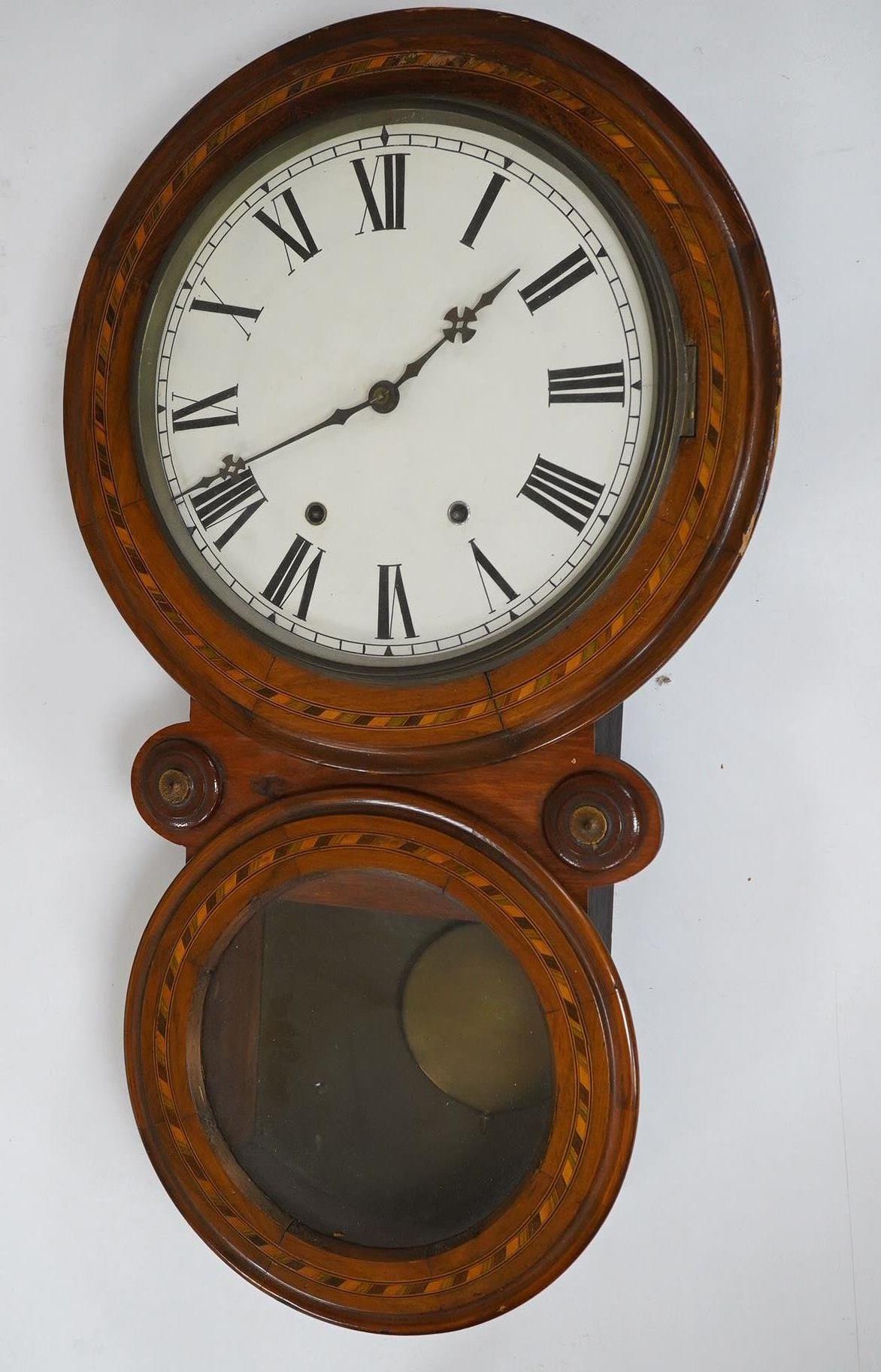 A late 19th century parquetry inlaid wall clock with Roman numeral dial, 73cm high. Condition - fair to good